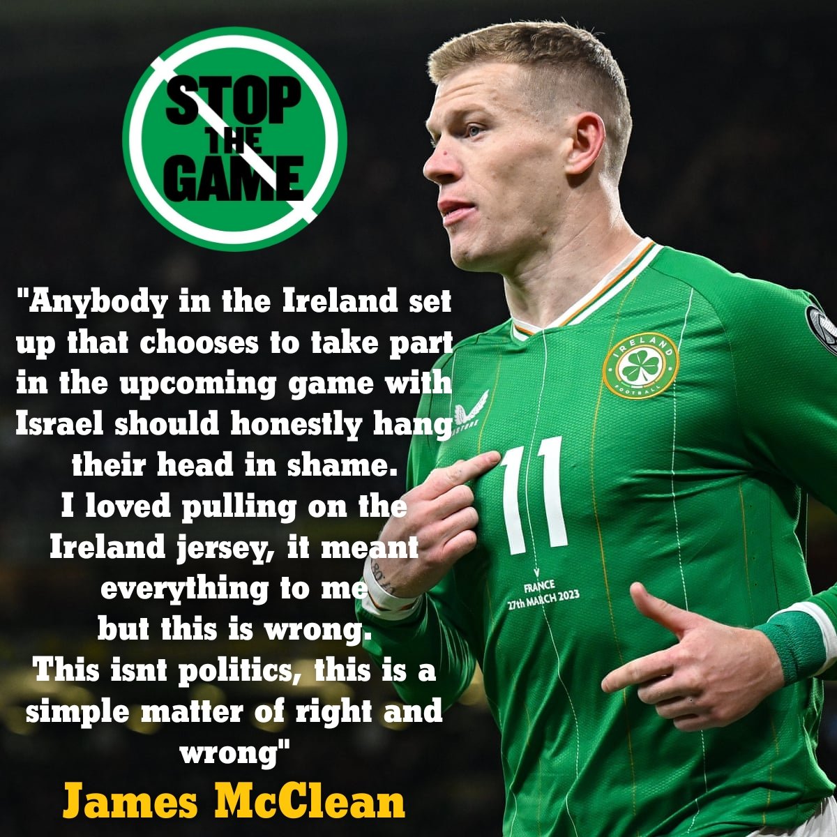 StopTheGameEire's tweet photo. To step out on the pitch against a genocidal regime, one that occupies and brutalises Palestinians, just like the Irish experienced under british imperialism, is completely unjust and not Irish.

#StopTheGame https://t.co/tyqeH9W5KJ