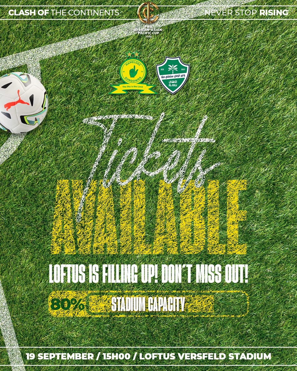Masandawana's tweet photo. 𝙏𝙄𝘾𝙆𝙀𝙏𝙎 𝘼𝙍𝙀 𝙂𝙊𝙄𝙉𝙂 𝙁𝘼𝙎𝙏! 🚨

Two continental champions meeting on South African soil. This is the kind of occasion you need to experience in person! 🔥

🎟️Be part of the atmosphere for just R80: https://t.co/wljd5ygPJA

#Sundowns #NeverStopRising https://t.co/r2RaiKqLPh