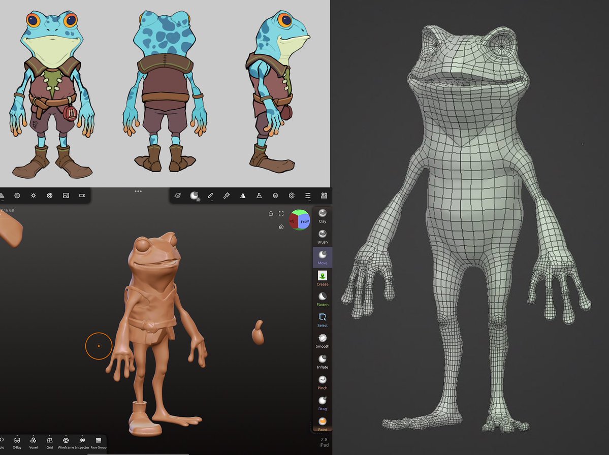 RuslanKimArt's tweet photo. The pipeline of making character 🐸

Concept - sculpting - retopology #gamedev #indiedev #conceptart https://t.co/Iz4RFC3Oas