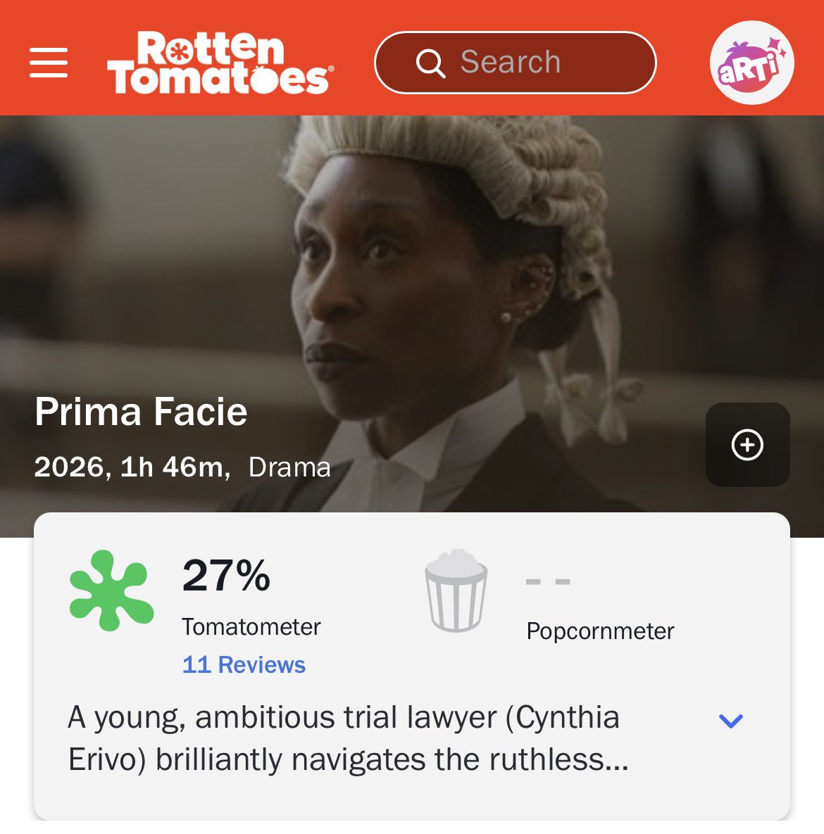 FilmUpdates's tweet photo. ‘PRIMA FACIE’ starring Cynthia Erivo debuts with 27% on Rotten Tomatoes. https://t.co/D1vcvXKmWX