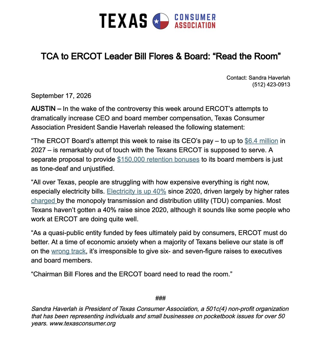 TXConsumer's tweet photo. TCA to ERCOT leader Bill Flores &amp; board: “Read the room”
See below for TCA's full statement on ERCOT's compensation announcement. #TxLege #TxEnergy https://t.co/C8PdTfJTQt