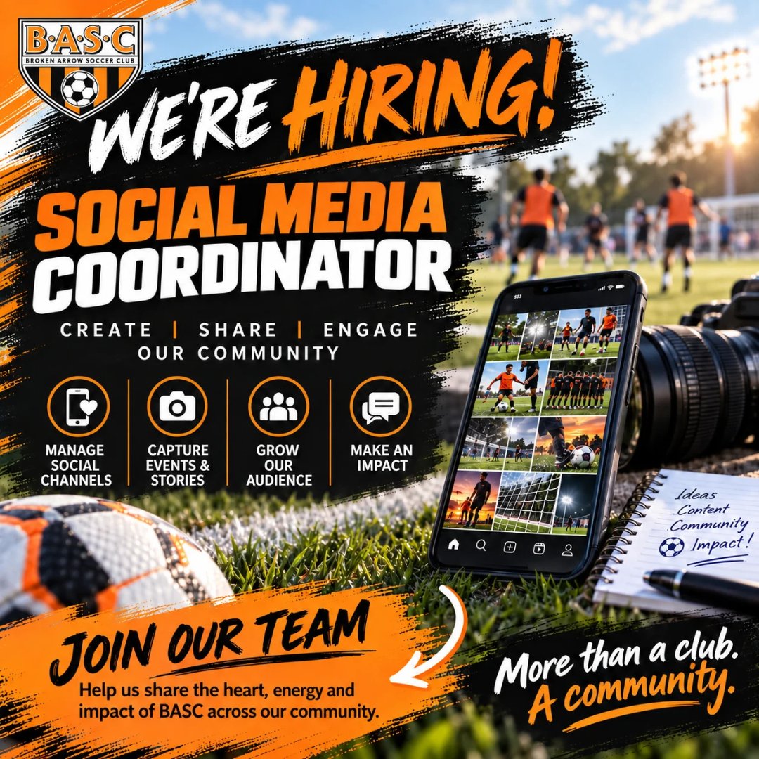 BASoccerClub's tweet photo. ๐ฃ Weโre hiring a Social Media Coordinator!
Help BASC capture game-day moments, share our stories, manage our social channels and grow our community.
Interested? Apply here: https://t.co/p5P3SqQu4G
#BASCSoccer #NowHiring #SocialMediaJobs #BrokenArrow https://t.co/OWJ3jOr1VD
