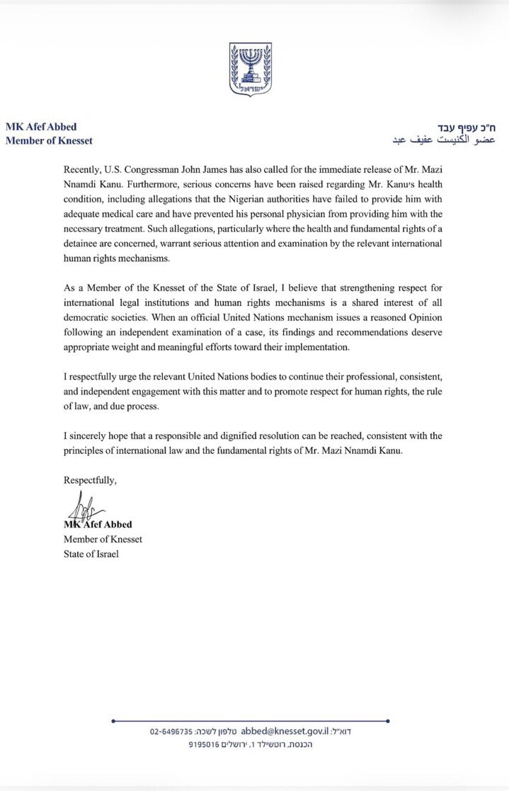 AbamakeX's tweet photo. BREAKING!

ISRAEL DEMANDS THE RELEASE OF MAZI NNAMDI KANU

#Israeli Knesset member MK Afef Abed has sent a letter dated September 1, 2026, to the UN Secretary-General and human rights bodies urging implementation of UN Working Group Opinion No. 25/2022, https://t.co/MA4eCSlGfH