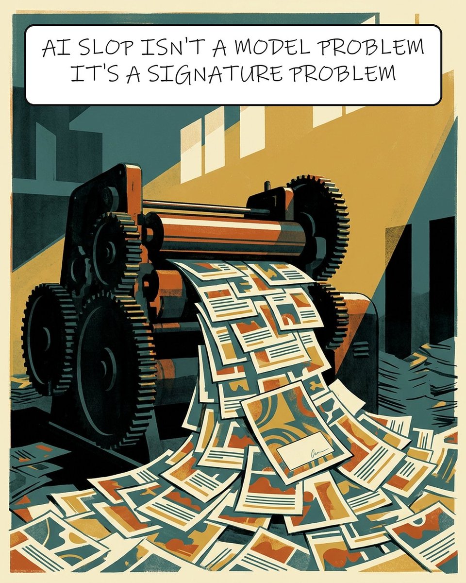 kayforkind's tweet photo. AI slop isn't a model problem. It's a signature problem.

We spent a hundred years building a culture where your name on something meant you stood behind it. Then we built a tool that produces work faster than anyone can be bothered to sign it.

That's the whole thing.

what's the last thing you read online where you actually knew who wrote it?
