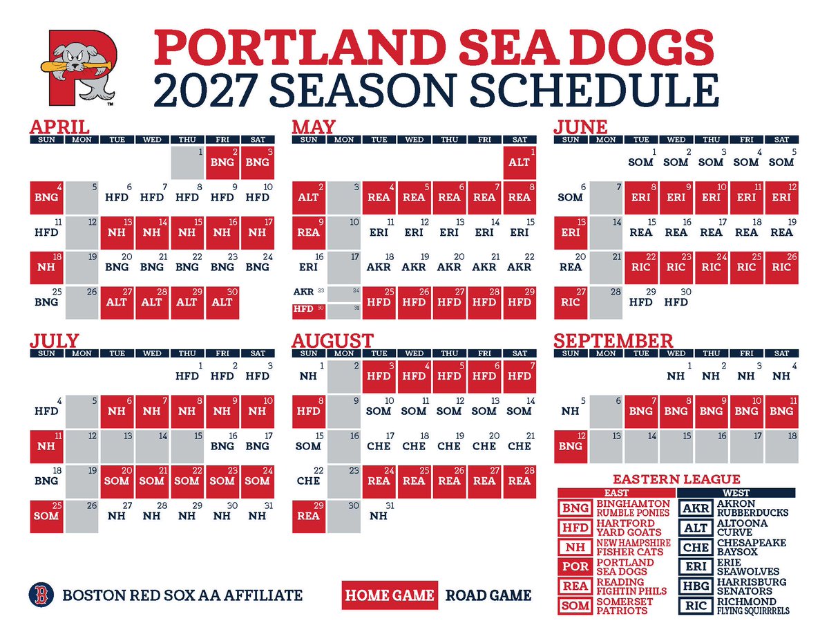 PortlandSeaDogs's tweet photo. Sea Dogs announce 2027 schedule.  Tickets will go on sale November 7th.

The 2027 season will be our 25th as a Boston Red Sox affiliate!
https://t.co/7Eka0TRIR9 https://t.co/hSGFXxx43O