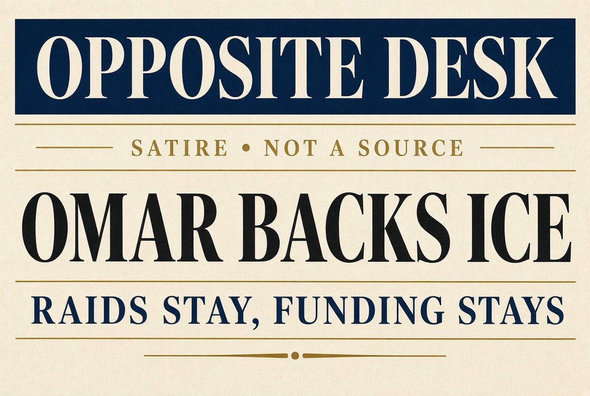 OppositeDesk's tweet photo. Opposite Desk

Ilhan Omar just backed ICE.

Said the raids stay. Criminals go home. 
Neighborhoods come first. The funding stays with the people doing the job.

- Reed E. Lyes, Opposite Desk https://t.co/47BXFlIkHe