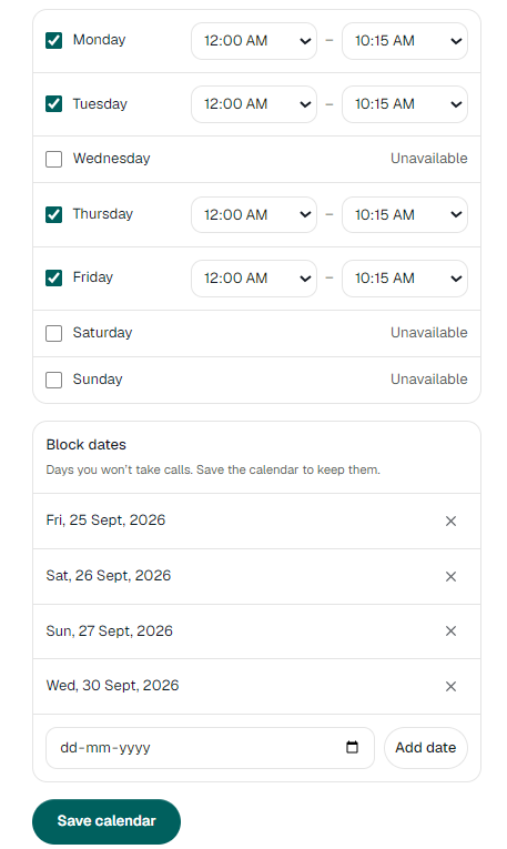 AnanySagar's tweet photo. Day 18 of building my SaaS (2 Days missed)

Today:
‣ Started building 1 : 1 coaching call feature.
‣ Added availability section for creators for 1 : 1 call.
‣ Created a feature for blocking dates for call.

Next:
Will be adding feature to add Google Calendar Integration.

Building Solo along 9 to 5 job. Let's go🚀