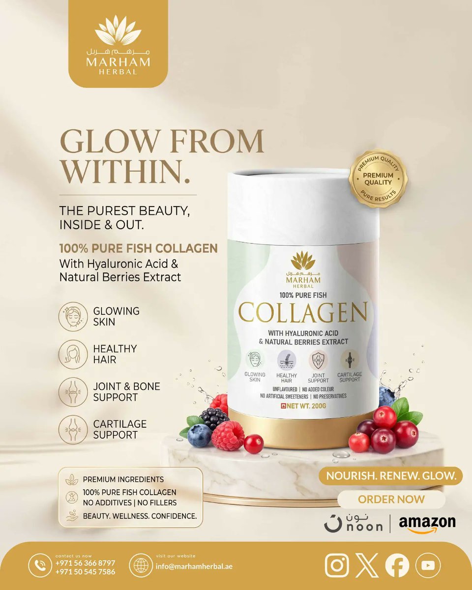 ColtonButkiizm's tweet photo. GLOW FROM WITHIN. Your wellness routine deserves complete care from within. Marham Herbal Collagen combines pure fish collagen, hyaluronic acid, and natural berry extract to support radiant skin, healthy hair, joints, bones, and cartilage. Mix 1 https://t.co/hA7txef9D2