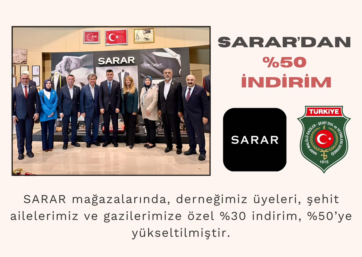 MardinSehitGazi's tweet photo. Genel Merkezimizin gerçekleştirdiği görüşmeler neticesinde, SARAR Grup Başkanı Sayın Sabahattin SARAR ile yapılan görüşmeler sonucunda; derneğimiz üyeleri, şehit ailelerimiz ve gazilerimize SARAR mağazalarında uygulanan %30 indirim oranı yeniden %50’ye yükseltilmiştir.

Gerekli bilgilendirme tüm SARAR mağazalarına iletilmiştir.

Şehit ailelerimiz ve gazilerimize yönelik bu anlamlı desteklerinden dolayı SARAR Grup Başkanı Sayın Sabahattin SARAR’a ve emeği geçenlere teşekkür ediyoruz.

@sehit_gazi_1915 
@SararGiyim