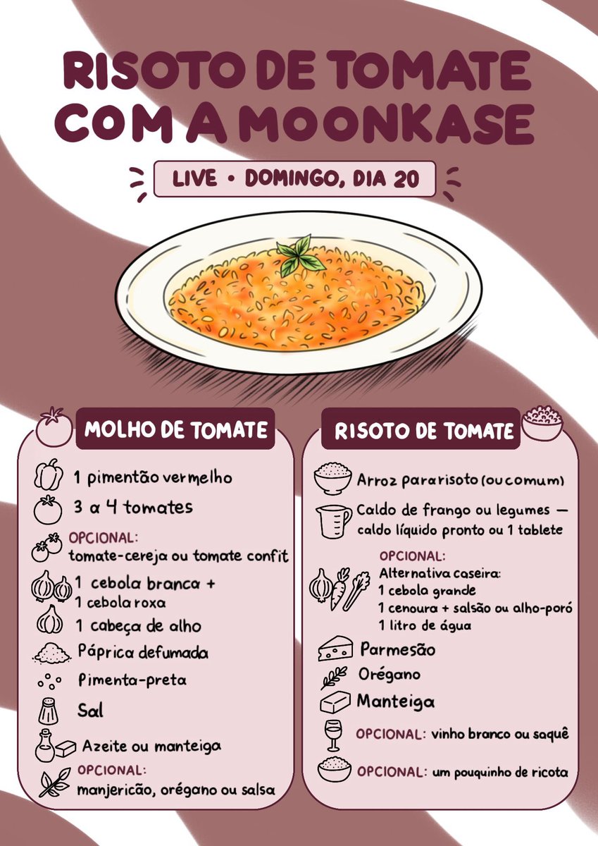 MoonKase's tweet photo. Amiguinhos que vão fazer risoto comigo NO DOMINGO DIA 20 NAO SE ESQUEÇAM!

os ingredientes completinhos estão aqui, até com alternativas e opcionais pra quem quiser ou não conseguir algo. (A páprica ali é bem opcional)  

Qualquer dúvida existe Google pra isso  

Cuscuz voses, quero todo mundo fazendo junto comigo e tirando fotos pra eu ver no domingo dia 20

RISOTO DE TOMATE 

 para o molho de tomate :   

(OU VOCÊ PODE USAR SEU MOLHO PRONTO E IGNORAR ISSO, É PRA QUEM QUER FAZER TIPO EU) 
 1 PIMENTÃO VERMELHO 
 3 A 4 TOMATES (OPCIONAL : PODENDO USAR TOMATE CEREJA OU O TOMATE CONFIT QUE É BEM GOSTOSO) 
1 CEBOLA BRANCA E 1 CEBOLA ROXA  
1 CABEÇA DE ALHO P
APRICA DEFUMADA (OPCIONAL)
PIMENTA PRETA E SAL 
AZEITE ou MANTEIGA 

OPCIONAL : MAJERICAO, OREGANO ou SALSA 

 ----- RISOTO DE TOMATE  -----
ARROZ DE RISOTO, MAS DEVE DA PRA FAZER COM O NORMAL TAMBÉM SEM PROBLEMAS CALDO DE FRANGO OU LEGUMES 

(VOU COMPRAR AQUELE PRONTO LIQUIDO, MAS DA PRA FAZER COM KNOR SE PESQUISAR DIREITINHO 1 QUADRADINHO EM 1 LITRO DE AGUA)
 OU se não tiver caldo de legumes e nem quiser usar o Knorr é só fazer : 1 cebola grande picadinha, 1 cenoura, salsão ou alho poró pra dar mais sabore use 1 litro de água) 

PARMESÃO 
OREGANO 
MANTEIGA 
OPCIONAL : VINHO BRANCO OU SAKÊ, gosto de por um pouquinho de ricota, mas não é obrigatorio

 (NÃO PRECISA, É BEM OPCIONAL MESMO)

BEIJO ATÉ DOMINGO