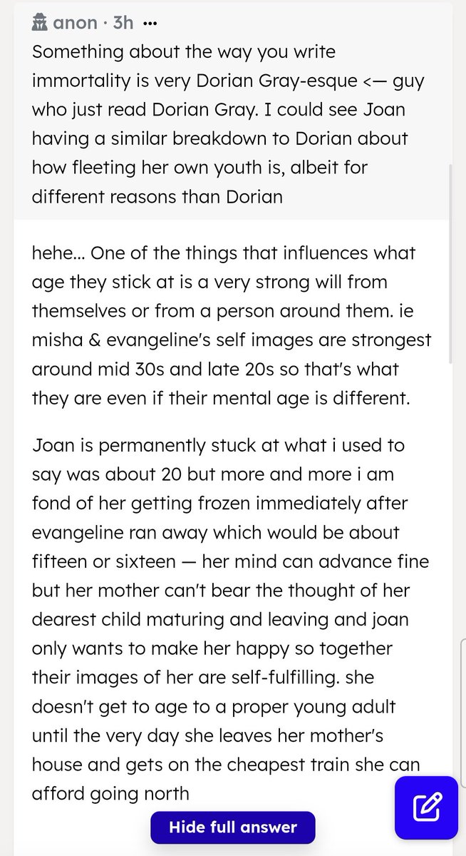 yqecm's tweet photo. q: I could see Joan having a similar breakdown to Dorian about how fleeting her own youth is [...]
a: Just realized I didn't answer this part. Yes, she would, once she realizes she's getting older again. This is probably the coinflip over whether she goes back or not. https://t.co/gANoWNXA1d