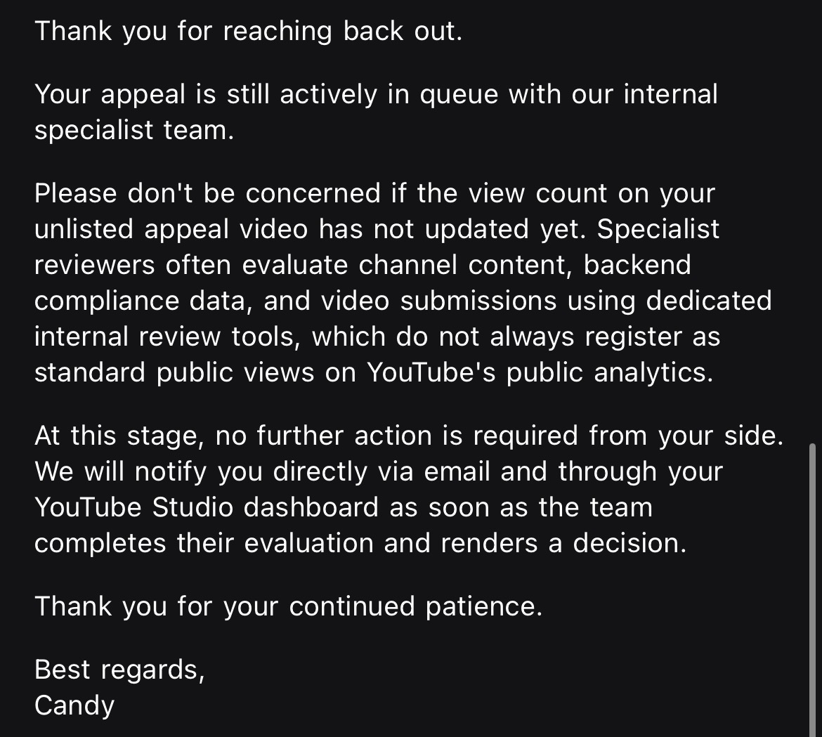 ItsWRMZ's tweet photo. Day 8 - Dear @TeamYouTube
I keep being told my channel is in queue with the internal specialist team. I have been told there is nothing else I can do, and to wait for a notification directly via email and through YouTube Studio's dashboard yet I have not heard anything in days. https://t.co/sGq5eGShXo