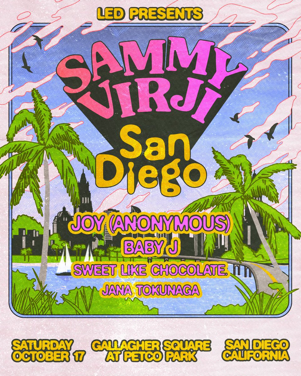 LEDpresents's tweet photo. JUST ANNOUNCED 🔊 

@joyjoyanonymous, Baby J, Sweet Like Chocolate.  + Jana Tokunaga join @SammyVirji at Gallagher Square on Saturday, October 17.

Tickets are moving fast. Secure your spot >>> https://t.co/Xe0i1n6JgP https://t.co/RWwrBnMlFK