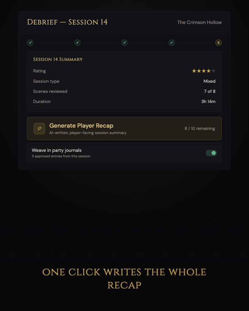 QuillGm's tweet photo. Your players ask "wait, what happened last session?" You write a wall of text. Every time.
Quill generates a player-facing recap after every session. One click. The story, the highlights, the hooks, ready to share before anyone asks.
#dnd #dungeonmaster #dmtips #ttrpg #dndtools https://t.co/MFpylKlQeV