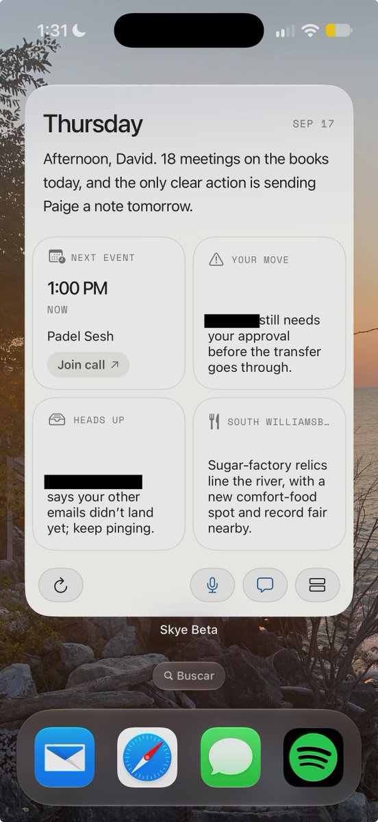 DavidPawlan's tweet photo. The most unique surface i've seen of an AI assistant  

It lives as a widget that you can interact with (voice note to, message, etc.)  

This also means it doesn't have notifications/constantly ping me, will be fun to test and see how it compares  

I always wondered what different UX surfaces will emerge in this AI assistant race, cool to see new ones popping up!