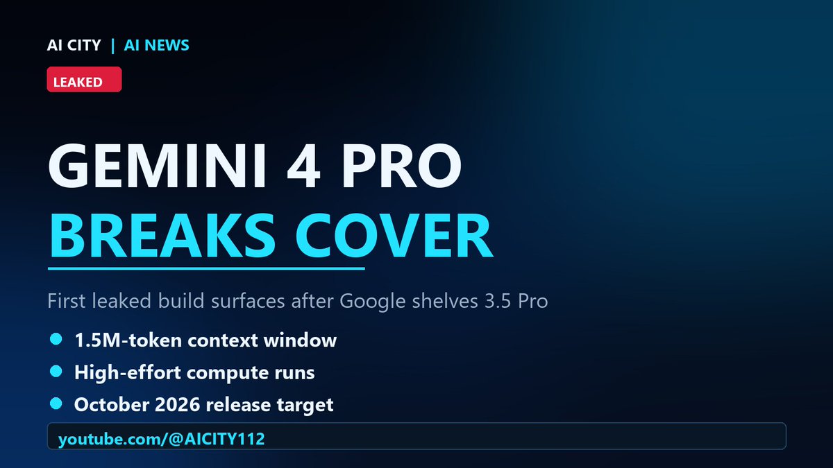 AICITY112's tweet photo. Gemini 4 Pro has broken cover 🔥
First leaked build: 1.5M-token context, high-effort compute, October release target — and Google has shelved 3.5 Pro to pour compute into Gemini 4.
Follow the channel: https://t.co/5ToVGs8rQV
#Gemini4Pro #GoogleDeepMind #AI https://t.co/VdFSUNSjCv