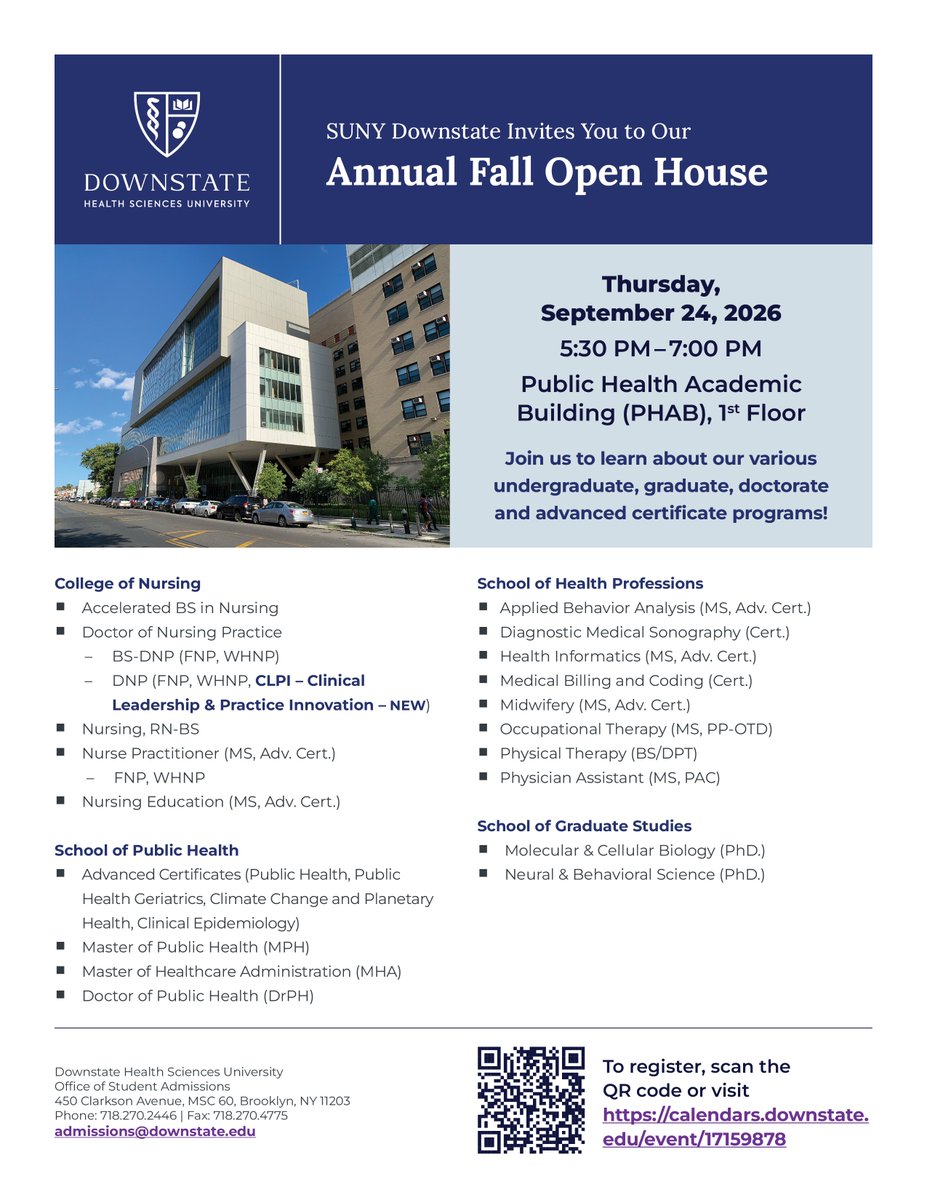 sunydownstate's tweet photo. Open House on 9/24 from 5:30–7 PM. Learn about nursing (including a Doctor of Nursing Practice, BS-DNP (FNP, WHNP) and DNP (FNP, WHNP, CLPI – Clinical Leadership &amp; Practice Innovation – NEW), public health, health professions &amp; graduate studies. Register: https://t.co/uRiPUWTgz8 https://t.co/HBYtMOT2YW