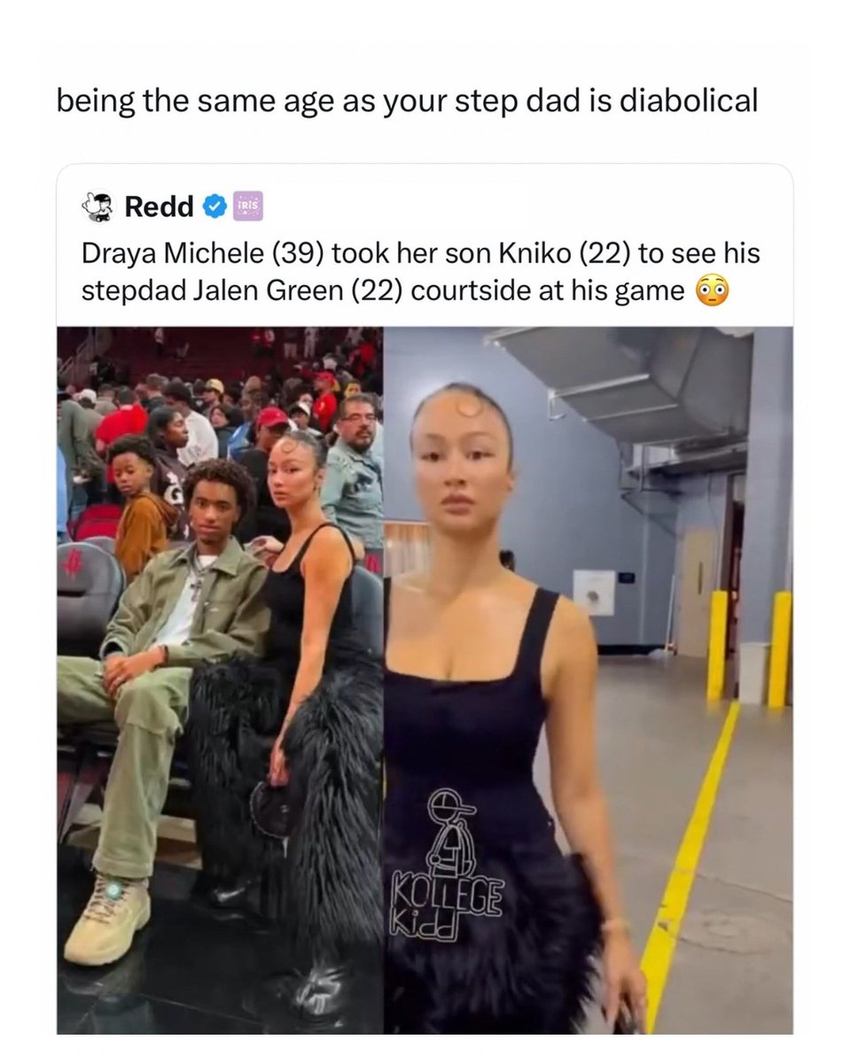 ChiHottzex's tweet photo. Thoughts on this? Draya Michele sparked another debate after being spotted courtside with her eldest son, Kniko Howard, while cheering on her partner, Jalen Green. Draya is 39, while both Jalen and Kniko are 22. She and Jalen welcomed a daughter https://t.co/DtUiiu0jrt