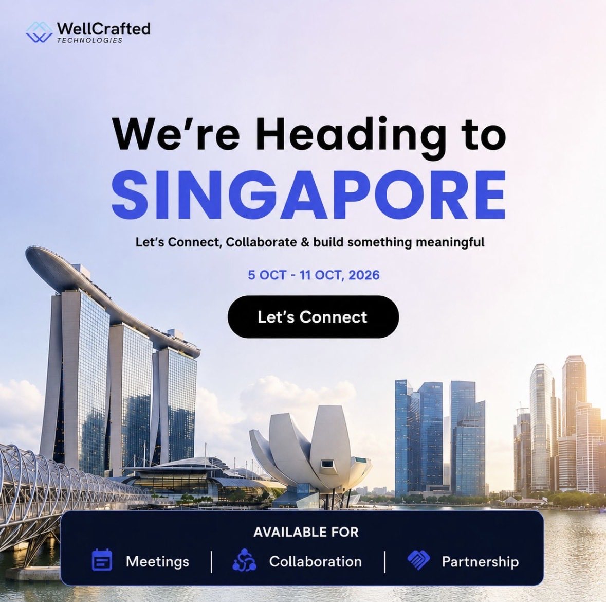 WellcraftedTech's tweet photo. We’re heading to Singapore! 🇸🇬✈️

From Oct 5–11, the Wellcrafted Technologies team will be in Singapore for meetings, partnerships &amp; collaborations.

If you’re attending TOKEN2049, let’s connect! 🤝

Book a meeting slot : https://t.co/lOyYNgHQ7e

#Singapore #TOKEN2049 https://t.co/RK1FV626vS
