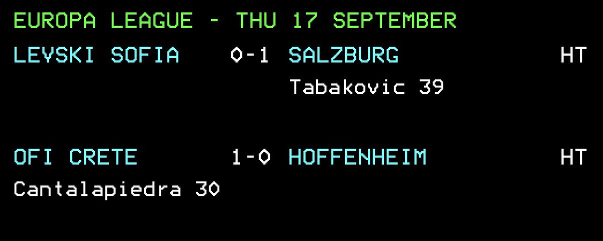FC7897's tweet photo. HT in the 5:45 #UEL fixtures | #Salzburg lead Levski Sofia while OFI Crete hold a one goal advantage over #Hoffenheim. #LSFRBS #OFITSG https://t.co/bNoqQinV5V