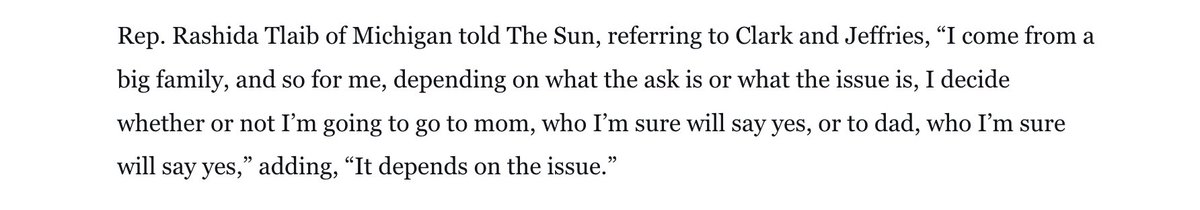 nicholaswu12's tweet photo. Rep. @RashidaTlaib to @kadiagoba on Katherine Clark and Hakeem Jeffries: "...I decide whether or not I’m going to go to mom, who I’m sure will say yes, or to dad, who I’m sure will say yes,” adding, “It depends on the issue.”

https://t.co/XEr3u4piK9 https://t.co/Hl3x7KkMQb