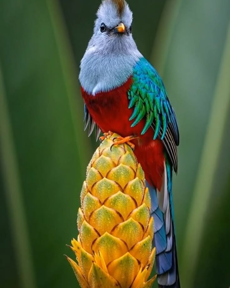 GenevaKoback's tweet photo. A colorful wonder perched atop a golden royal flower! Its elegant gray crest, red chest, and turquoise-green wings are a breathtaking masterpiece of nature. https://t.co/6CFO1Q30YE