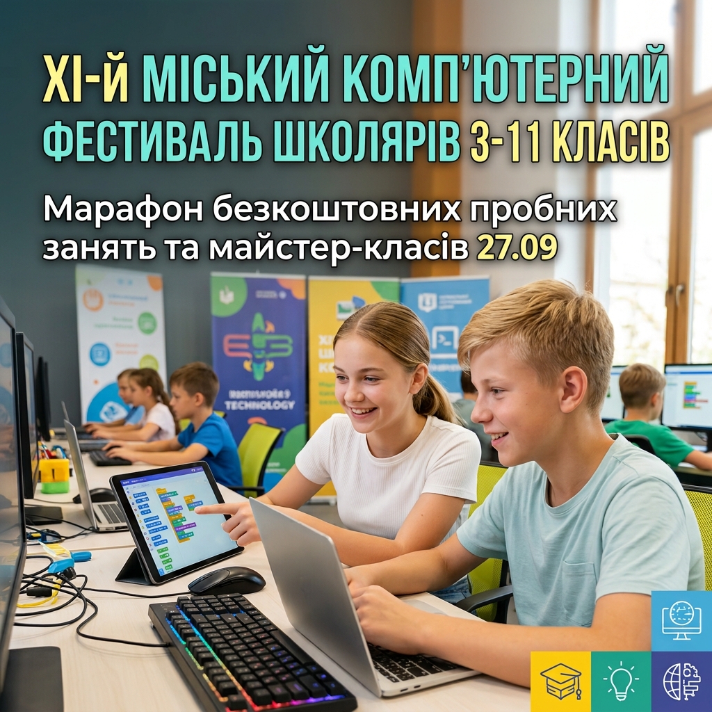 Lviv_Start_IT's tweet photo. ХІ-й МІСЬКИЙ КОМП'ЮТЕРНИЙ ФЕСТИВАЛЬ ШКОЛЯРІВ 3–11 КЛАСІВ
Марафон безкоштовних пробних занять та майстер-класів 20.09, 27.09, 4.10.
Заповніть форму за посиланням https://t.co/xY3eDH17fC
або на нашому сайті https://t.co/kH3qtZA0Wq https://t.co/9SW4jb9yMI
