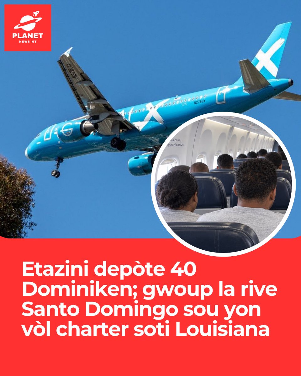 ht_planet's tweet photo. Otorite ameriken yo depòte 40 sitwayen dominiken madi 15 septanm 2026 la, sou yon vòl charter ki soti Louisiana pou rive nan Ayewopò Entènasyonal Las Américas, Santo Domingo. Gwoup la te gen 36 gason ak 4 fanm. Dapre rapò dominiken yo, kèk moun te deja fini santans prizon, pandan lòt yo te enplike nan dosye imigrasyon oswa lòt pwosedi jidisyè Ozetazini. 

Ka yo te gen rapò ak plizyè kalite vyolasyon, tankou kestyon imigrasyon, dwòg, vòl ak fo dokiman. Apre yo fin rive, otorite dominiken yo transfere yo nan sant resepsyon Haina pou idantifikasyon ak lòt formalite administratif anvan liberasyon yo. Li enpòtan pou presize ke se pa tout 40 moun yo ki te depòte akoz yon kondanasyon kriminèl.

#RepiblikDominikèn #Etazini #Depòtasyon #Imigrasyon #planetnewsht