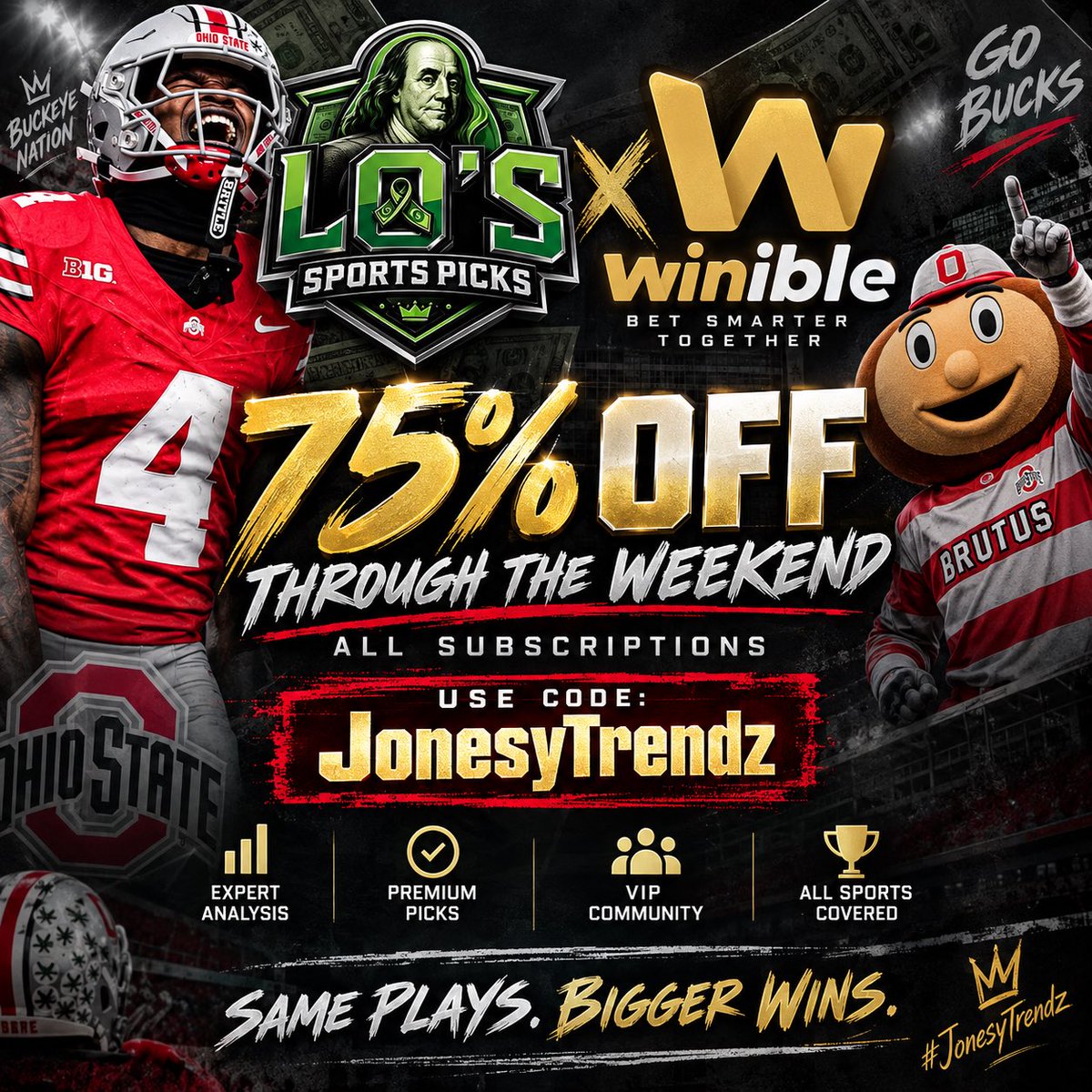 JonesyTrendz's tweet photo. I’ve officially joined @LoSportsPicks x @Winible for my VIP plays! 💰

College Football has been an absolute heater through the first 2 weeks 🔥🔥🔥 As a collective we are 👇🏽 

📈 +174 UNITS IN CFB 🤯

To kick things off, we’re offering 75% OFF ALL SUBSCRIPTIONS THROUGH THIS WEEKEND ONLY!

🔑 Use code: JonesyTrendz

If you’ve been riding with me through the years with CFB, now’s the time to get in the VIP. Me and @LoSportsPicks are damn near like Kobe and Shaq when it comes to this shit. Now you get everything in one spot. 🤝

75% OFF. THIS WEEKEND ONLY. 

Link ➡️➡️ https://t.co/TYTEEtbjnQ