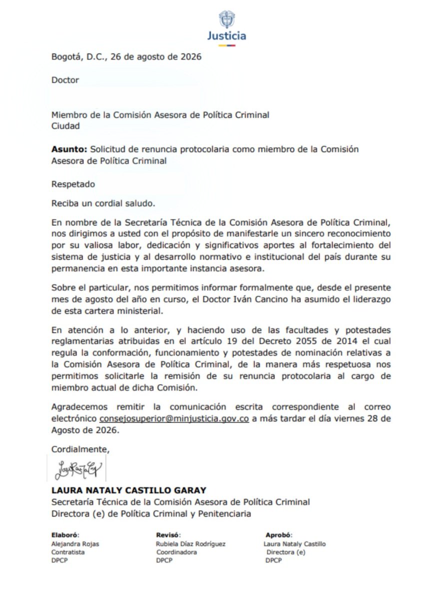 BluRadioCo's tweet photo. El Ministerio de Justicia solicitó la renuncia protocolaria a los 8 miembros de la Comisión Asesora de Política Criminal. La medida responde a la llegada del nuevo ministro, Iván Cancino, que busca reestructurar el órgano encargado de evaluar las reformas penales y penitenciarias del país. #VocesySonidos
