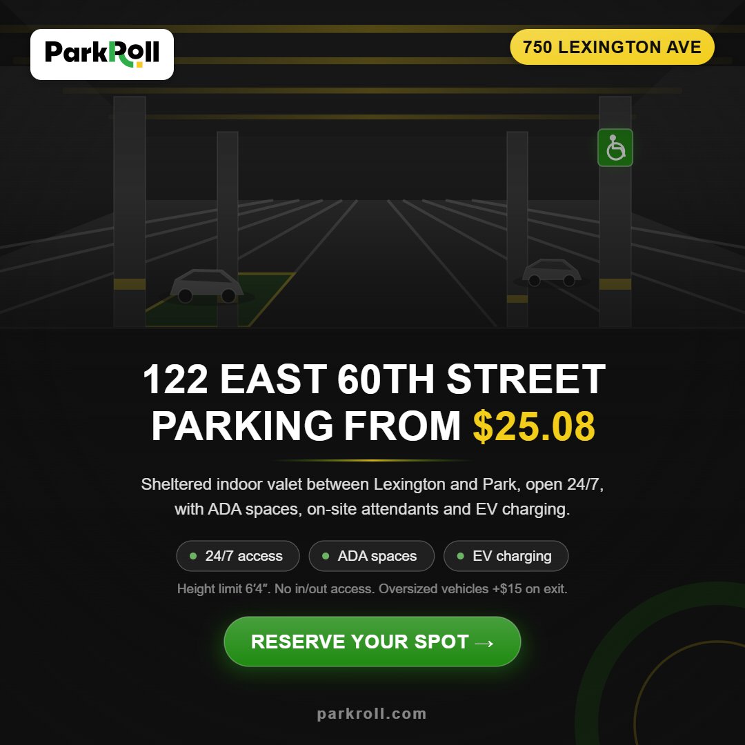 ParkrollUSA's tweet photo. Sheltered indoor valet on 60th between Lexington and Park. Open 24/7, ADA spaces, attendant on duty, EV charging. From $25.08 → https://t.co/4hJdFWZTFd
#NYCParking #UpperEastSide #ManhattanParking #ParkAndRoll https://t.co/x7uUXAUFyB