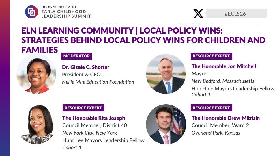 Hunt_Institute's tweet photo. Local leadership drives immediate community impact. Dr. Gisele Shorter joins Council Member Rita Joseph (@RitaJosephNYC), Mayor Jon Mitchell (@JonMitchellNM), and Council Member Drew Mitrisin (@DrewMitrisin) to highlight municipal strategies that expand childcare access. #ECLS26 https://t.co/To0LiFdsd5