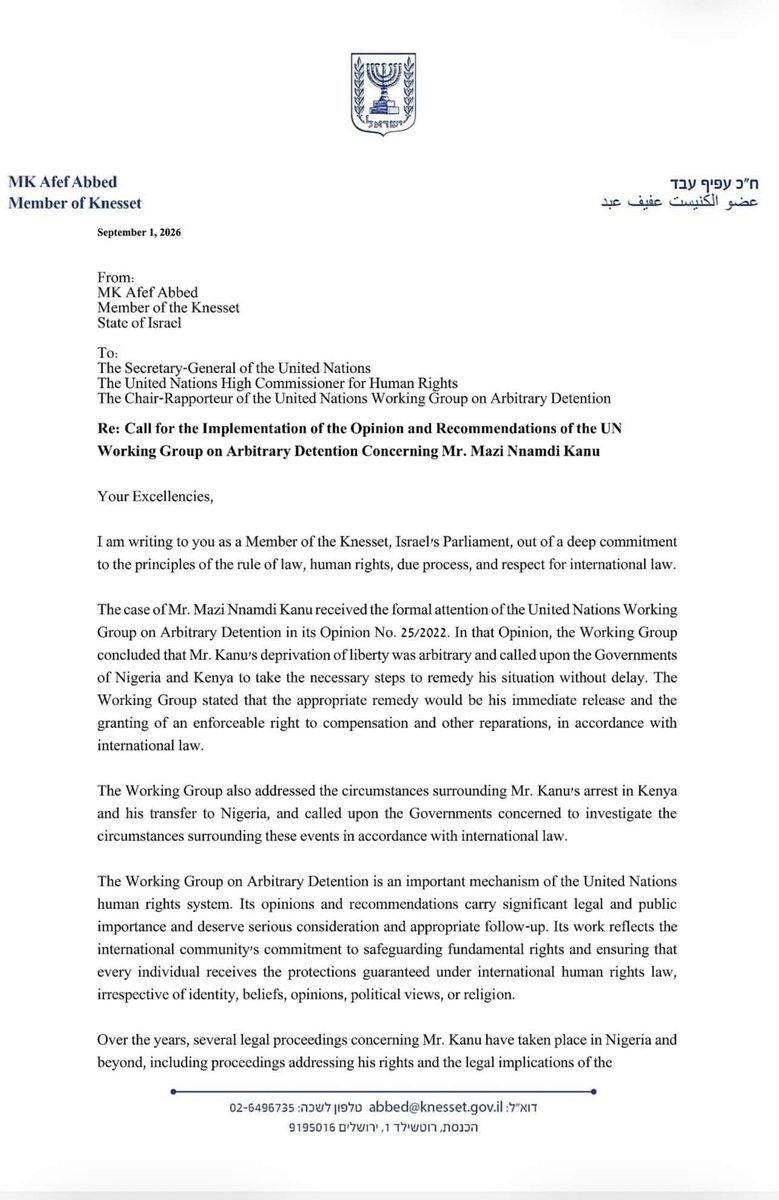 REAL_CTN's tweet photo. Israeli Knesset member MK Afef Abed has officially sent a letter to the United Nations demanding the immediate release of Nnamdi Kanu, the detained leader of the Indigenous People of Biafra (IPOB)

@USBGovernment https://t.co/v2ZBa0wqI7