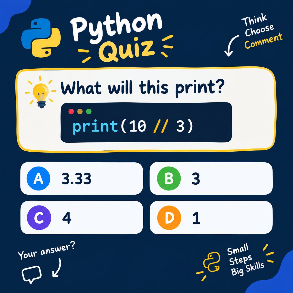 DSLearning33's tweet photo. Answer ?
#Python   
#LearningInPublic  
#PythonQuiz https://t.co/6fmDf4pl6q