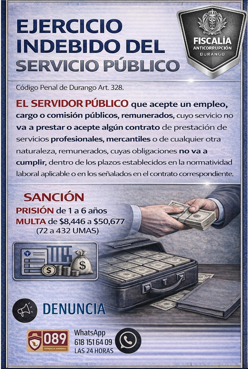 FECCED's tweet photo. 🚨 Abusar de las funciones del servicio público también es corrupción. ⚖️
📢 Si conoces un posible caso de ejercicio indebido del servicio público, ¡denúncialo!
📞 089 Denuncia Anónima
📲 WhatsApp: 618 151 64 09
#FECCED #DenunciaLaCorrupción #CeroTolerancia #DurangoÍntegro https://t.co/TxpZ5wfeik