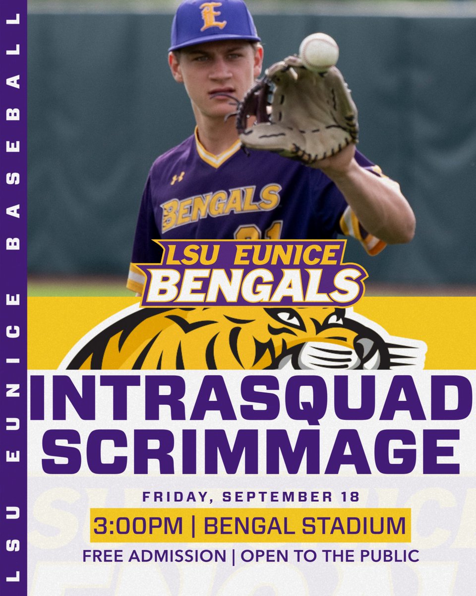 LSUEBengalsBSB's tweet photo. Start your weekend with us on the Cajun Prairie! Get a look at your 2027 Bengals with our second intrasquad scrimmage of the fall.  First pitch from Bengal Stadium gets going at 3:00PM - free admission and open to the public!

#DDCS
#GeauxBengals https://t.co/1B50qXuLyT