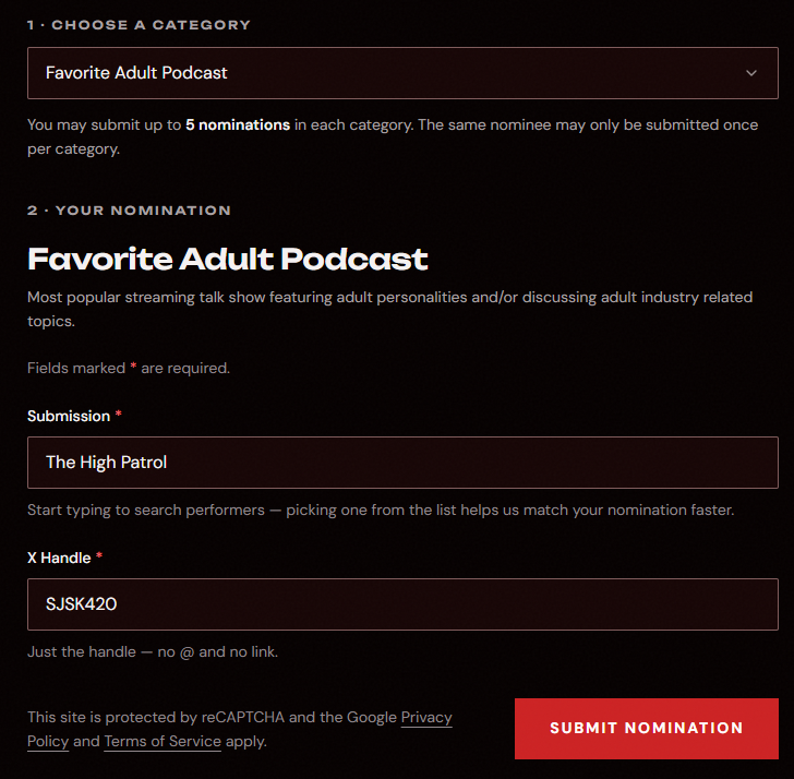 SJSK420's tweet photo. You can now help nominate The High Patrol for Favorite Adult Podcast for the @avnawards!

Simply click the link and nominate The High Patrol as seen in the image!

Help us celebrate past guests like @Eva_Maxim!

https://t.co/cmKrKzdQ92 https://t.co/6lve4aO1Yt
