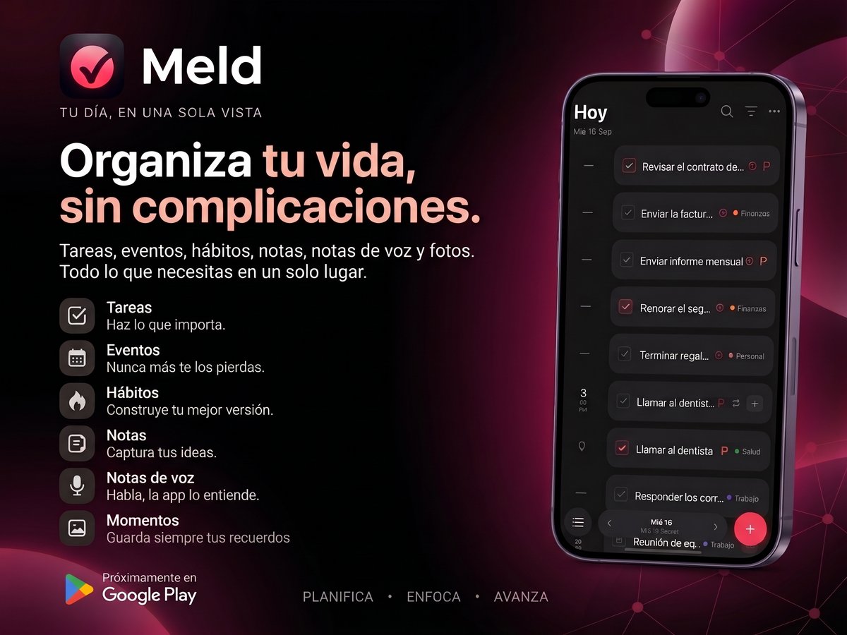 Jhonny_devp's tweet photo. ¿Cansado de saltar entre 5 apps para organizar tu día? 📱

Conoce Meld: el planificador que reúne tareas, eventos, hábitos, notas y fotos en una sola vista. 🚀 100% offline, privado y sin suscripciones forzadas para lo esencial.

Próximamente. 🔜 #MeldApp #Productividad https://t.co/PrhEhS49SU