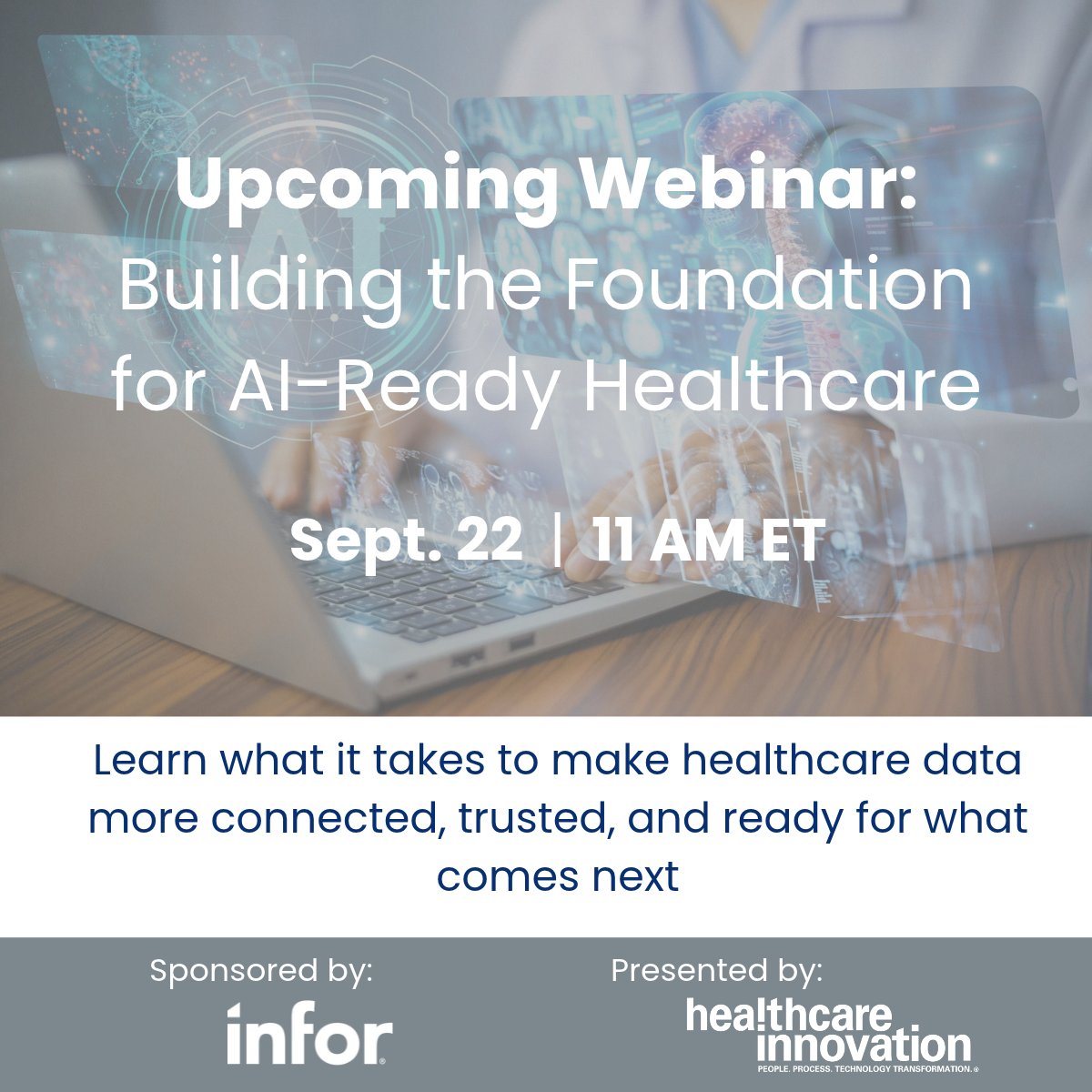 HCInnovationGrp's tweet photo. Moving data isn't enough: join us for a webinar on September 22nd to learn what it takes to make healthcare data more connected, trusted, and ready for what comes next. Sponsored by @Infor 
#AI #data #healthcare
https://t.co/Evm5imKNJp https://t.co/MtTgzCaQMT