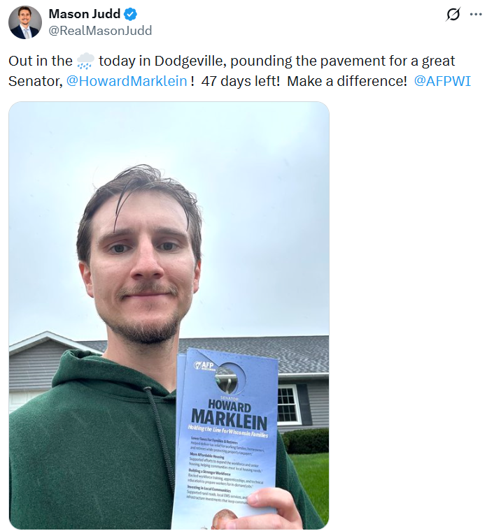 doranchad's tweet photo. Hitting doors in races in every corner of the state is how you make a difference to elect candidates who believe in affordability, individual freedom, and a Wisconsin that works for everyone. Well done @_CharityBarry_ and @RealMasonJudd! https://t.co/CMw1CDmapx