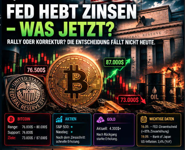 crader_elite's tweet photo. Die FED erhöht wie erwartet um 25 BP auf 3,75–4,00% – und Bitcoin reagiert erstaunlich ruhig.

Aktuell: ~76.500$

Trotz CLARITY-Act-Pleite, Zinserhöhung und hawkisher FED blieb der große Abverkauf bisher aus. Gleichzeitig zeigt der Tageschart weiterhin Korrekturgefahr.

➡️ Kurzfristig: Stärke nicht unterschätzen
➡️ Langfristig: weiterhin vorsichtig
📈 AKTIEN

Der S&P 500 holt seinen FED-Abverkauf fast vollständig auf, während der Nasdaq positiv startet.

🥇 GOLD

Gold fiel zunächst, erholte sich anschließend aber wieder über 4.300$.

Die wichtigste Erkenntnis: Die erste Marktreaktion ist vor allem Positionierung und Emotion. Die tatsächlichen Auswirkungen höherer Zinsen zeigen sich erst in den kommenden Wochen und Monaten.

Die Märkte bleiben erstaunlich gelassen – vielleicht zu gelassen?

https://t.co/obrwiWzrwd