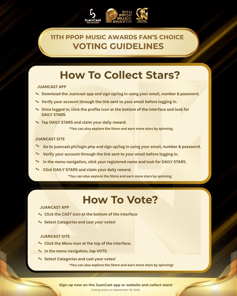 1stOneVT's tweet photo. 🏆 11th PPOP Music Awards Fans' Choice VOTING GUIDELINES

Start collecting stars today and familiarize yourself with the voting process through the guide below. 💫 

@1stoneOfficial #1stOne 
#11thPPOPMusicAwards #PPMA2026 https://t.co/yzS7EjiwMW
