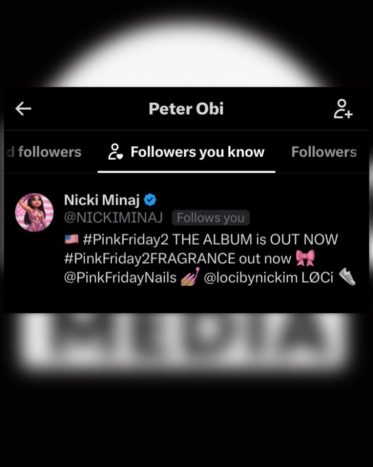 BlackMedia___'s tweet photo. Nicki Minaj has started following Nigerian presidential candidate Peter Obi on X, shortly after reposting his statement addressing the reported killings and abductions in Niger State.

She previously amplified Obi’s call for stronger action against insecurity. Now she’s following him too.

With “Onika” having African roots and meanings like “Who is greater than God?” Nigerians might as well give her a proper Nigerian name at this point. 😅🇳🇬