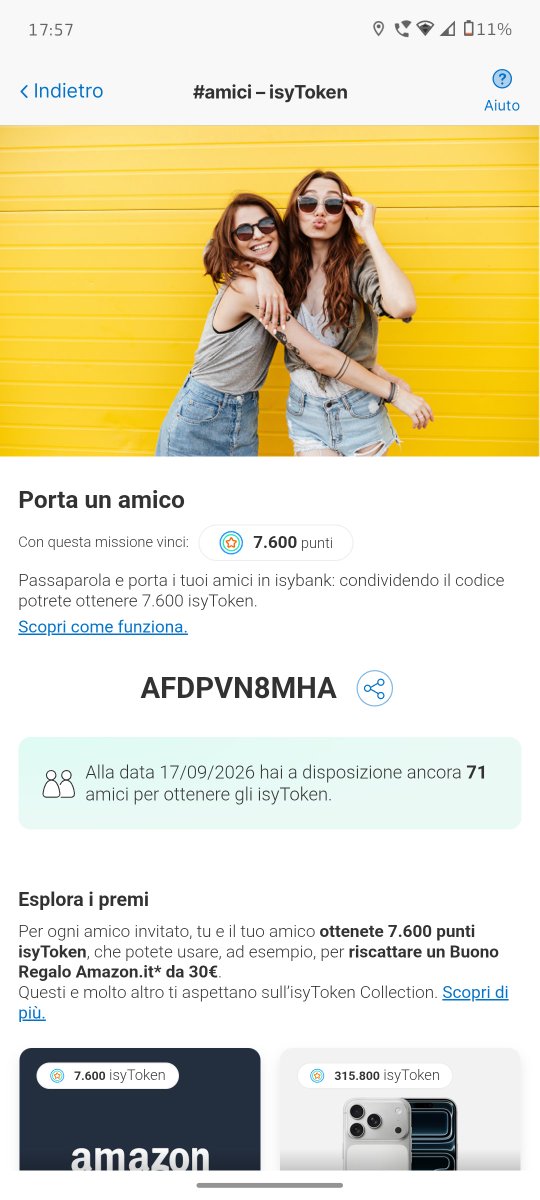 ciardo_antonio's tweet photo. 30 #euro di #buono #Amazon #gratis con #Isybank?Ecco come:
1) Scarica l'#app e apri il #conto;
2) Inserisci il #codiceamico AFDPVN8MHA su #IsyReward;
3) Riscatta i tuoi 7.600 #IsyToken per il #voucher che preferisci.
Promo valida fino al 15/10/2026
#Intesa #iOS #Android https://t.co/xHrPCheVzn
