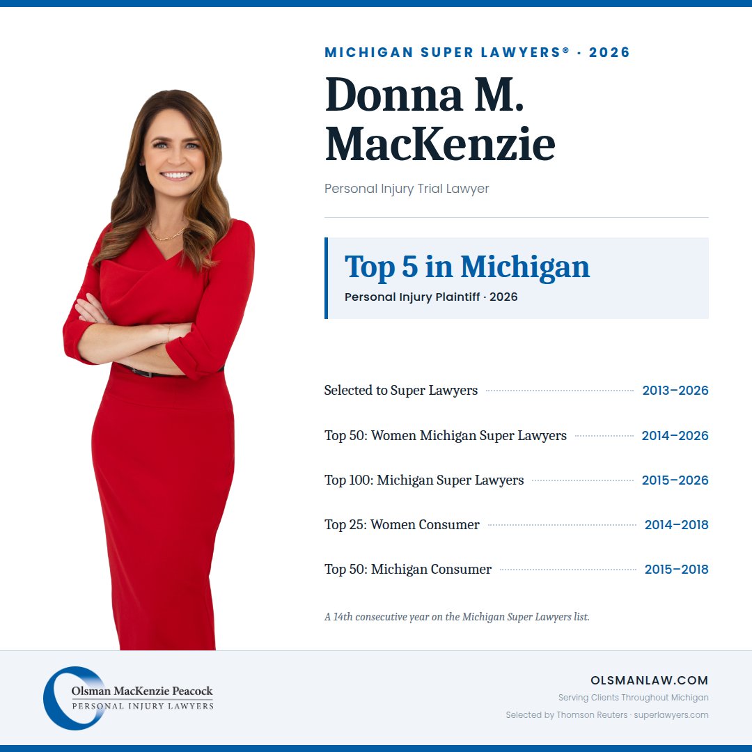 Justice4Seniors's tweet photo. Congratulations to Donna MacKenzie on being named to the 2026 Michigan Super Lawyers Top 5 for Personal Injury Plaintiff. This marks her 14th consecutive Super Lawyers selection and first Top 5 honor. 
https://t.co/RSV4EMF3Pe https://t.co/WMtjSbfPRq