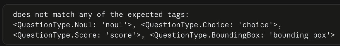 Yah01_'s tweet photo. Sent Jev an invalid question type. The validator leaked the full enum.

Only 3 are documented.

So I called it. Not a 404:

"Bounding-box questions are not enabled for your organization."

@typesafeai has a vision primitive sitting in prod behind a feature flag. https://t.co/2fU4PNQZhJ