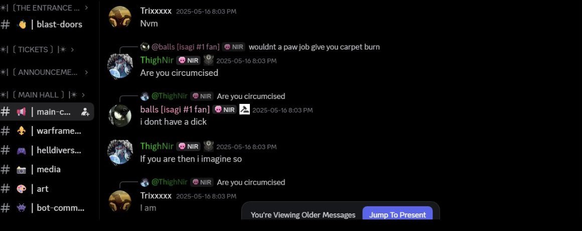 MadamSavvy's tweet photo. Here is @ThighNir asking minors about their cocks 

Would you like to address this or would you like to continue to waste oxygen that would be more beneficial going to a slug? 

Truly, you freaks who pearl clutch over fiction- poorly- are the worst. You also appear to be the most dangerous. 

What kind of adult gladly welcomes minors into their adult discord and makes them label themselves to stand out? 

The predatory kind. 

Disgusting freak