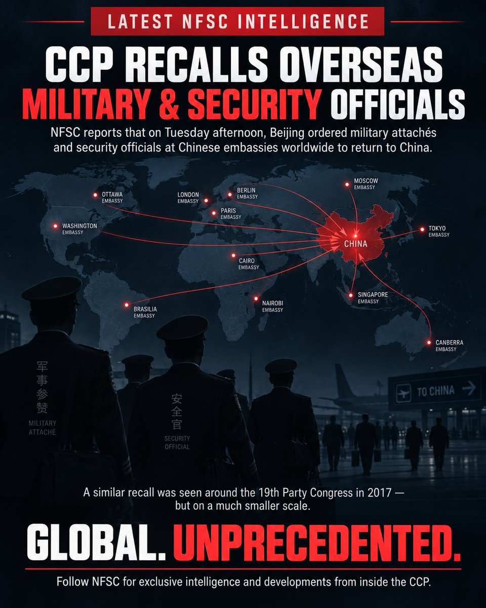 NFSCSpeak's tweet photo. 💥💥💥💥💥LATEST NFSC INTELLIGENCE: On Tuesday afternoon, the CCP ordered all military attachés and security officials at its embassies and consulates worldwide to return to China.

A recall of this nature occurred around the 19th CCP Party Congress in 2017 - when the CCP amended its Party Constitution - but only on a much smaller scale. This time, the scope is global and unprecedented.

For more uncensored updates, follow NFSCSpeaks on GETTR: https://t.co/9sw0l4kQNM