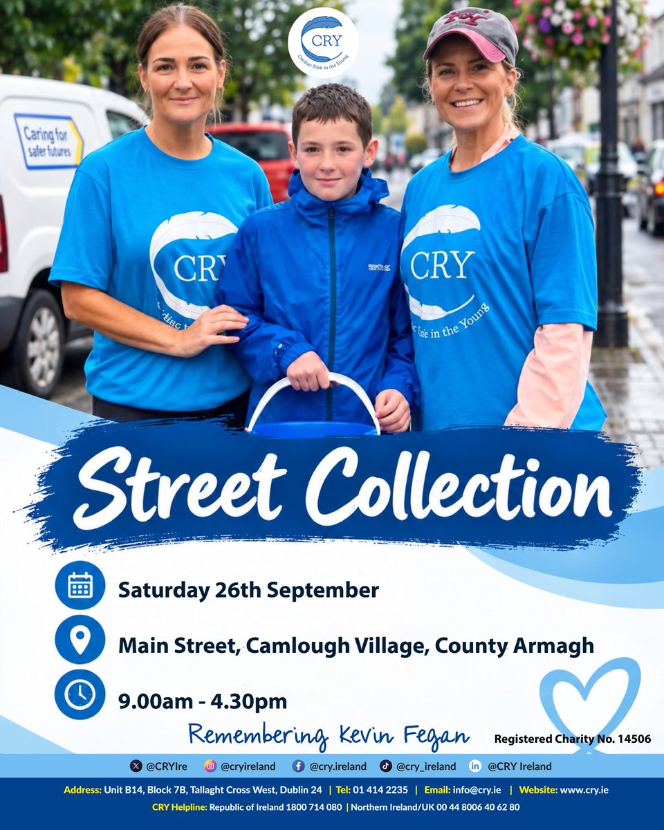CRYIre's tweet photo. 💙 Street Collection for CRY Ireland 💙

Gráinne McQuade (née Fegan) and the extended Fegan family are holding a street collection today in aid of CRY Ireland.

📍 Main Street, Camlough Village, County Armagh
🕘 9:00am – 4:30pm

If you’re passing by today, please support💙 https://t.co/PASoDtkv97