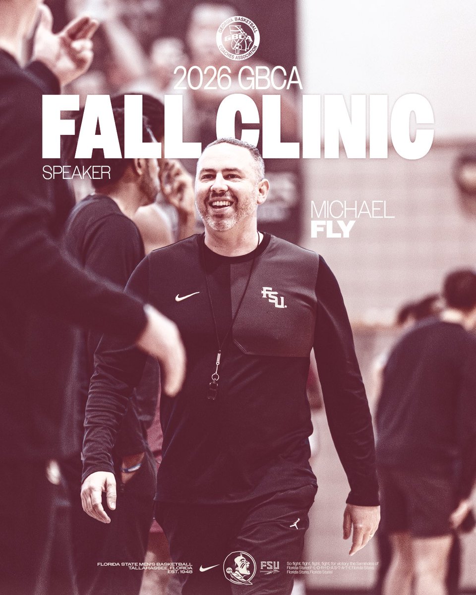 FSUHoops's tweet photo. 𝐎𝐍 𝐓𝐇𝐄 𝐑𝐎𝐀𝐃

Assistant coach/GM Michael Fly will be one of a select group of coaches speaking at the 2026 GBCA Fall Clinic. 

#GoNoles 🍢 https://t.co/CgYGsSk7v2